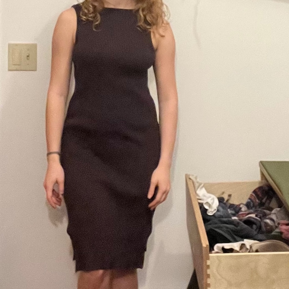 Vintage ribbed stretchy brown a line v neck dress